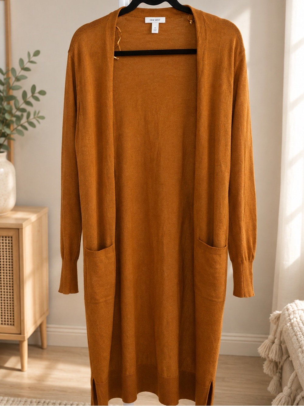 Nine West Long Open-Front Cardigan - Rust